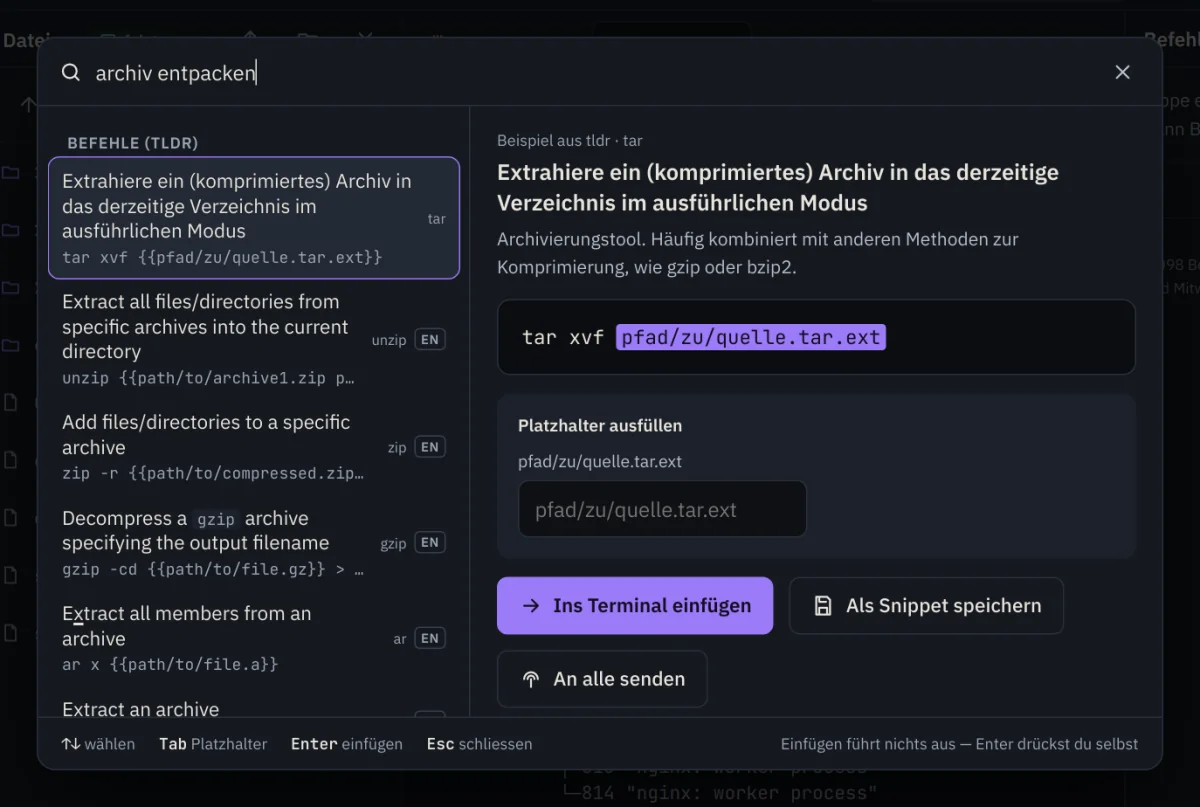 Suche: «archiv entpacken» listet passende Befehle, das gewählte Beispiel wartet mit Platzhaltern