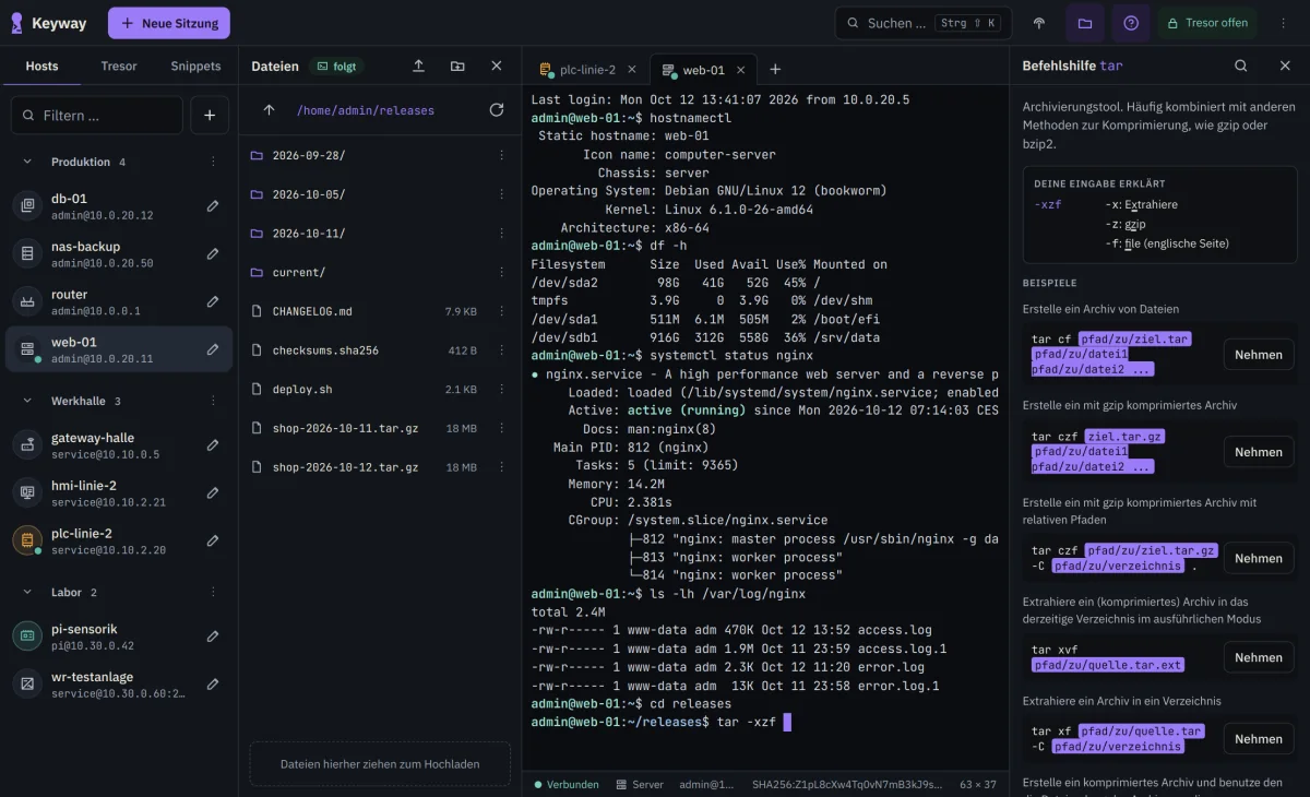 Terminal-Sitzung auf web-01, daneben die Dateileiste mit /home/admin/releases und die Befehlshilfe zu tar