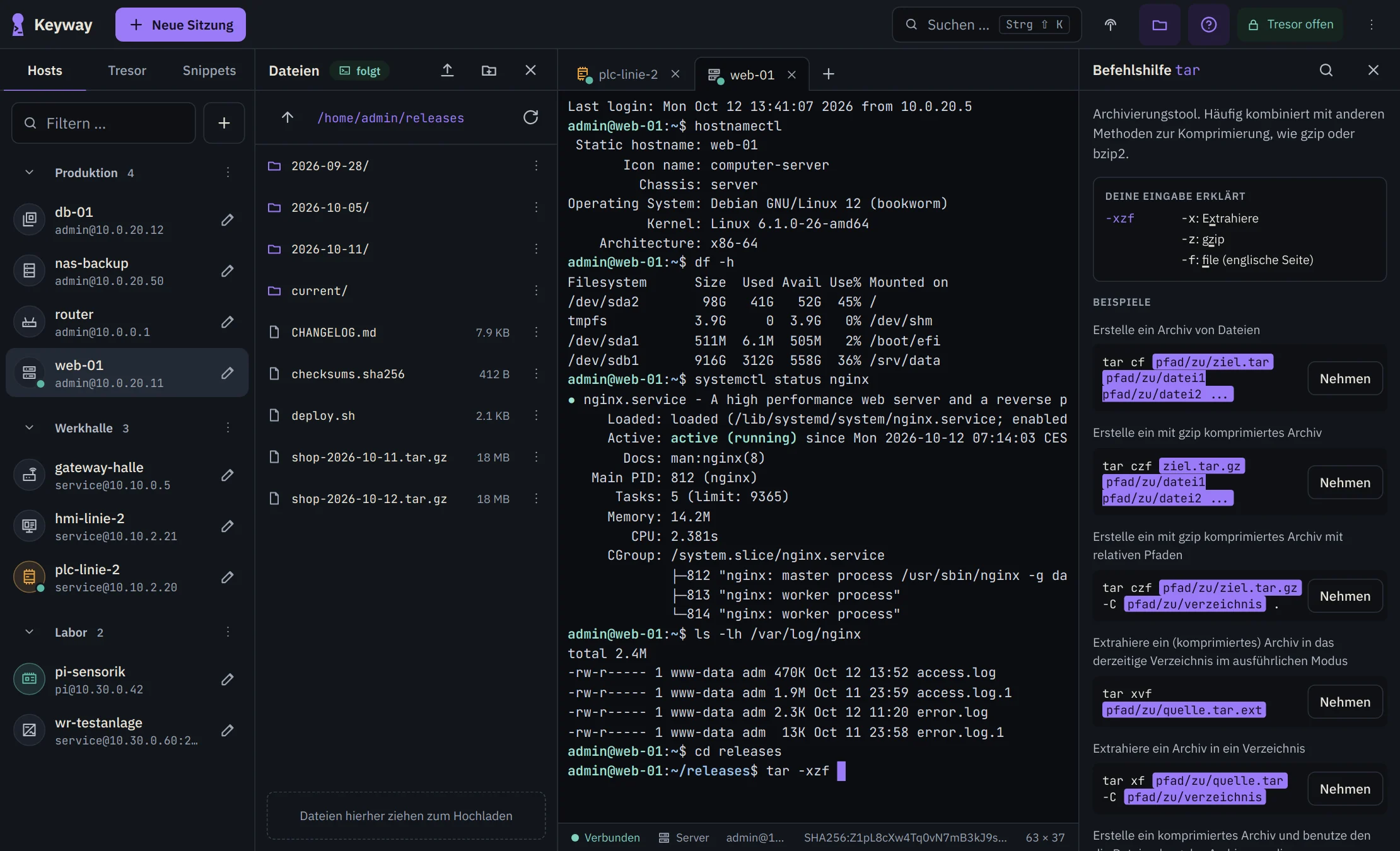Keyway am Rechner: Hosts in Ordnern, die Dateileiste, eine Terminal-Sitzung und die Befehlshilfe, die jeden Schalter von tar -xzf erklärt