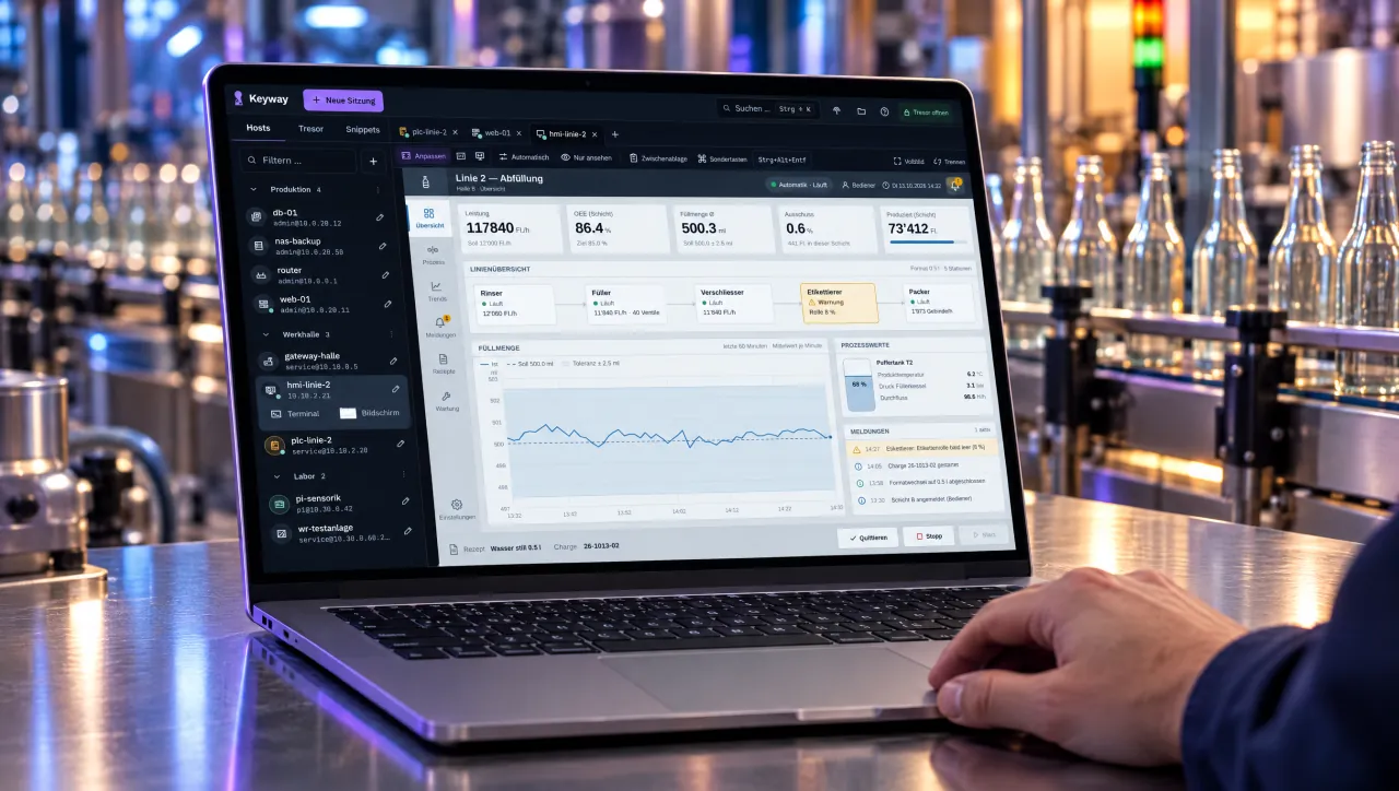 Laptop an der Abfülllinie zeigt in Keyway den Bildschirm des HMI-Panels