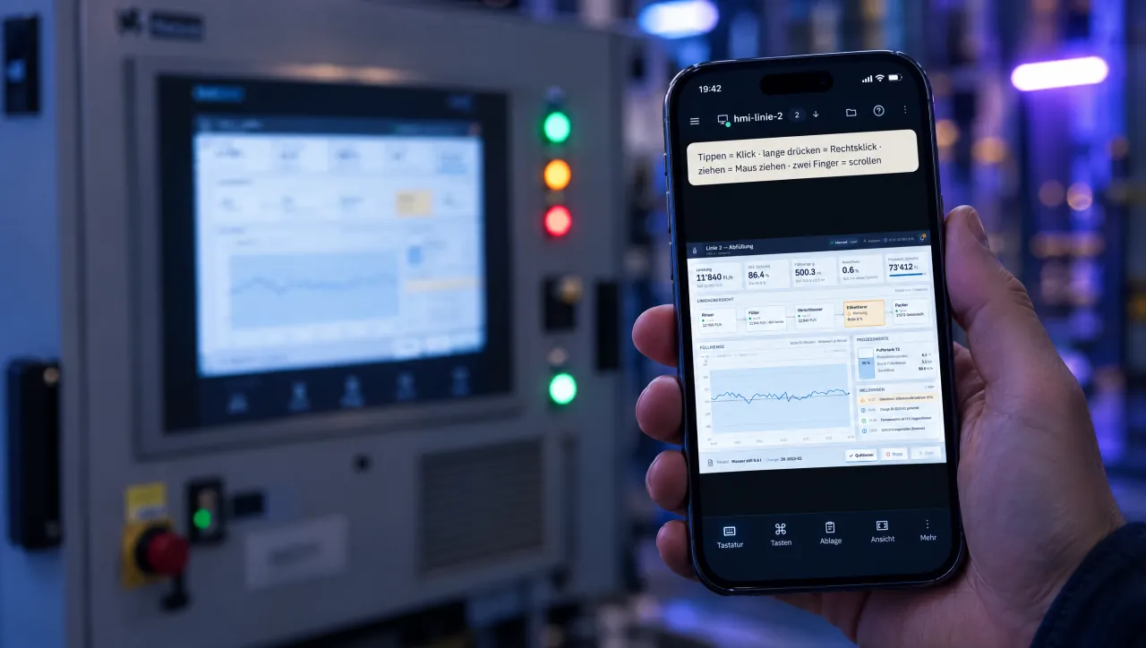 Telefon zeigt in Keyway den Bildschirm des HMI-Panels vor dem Schaltschrank