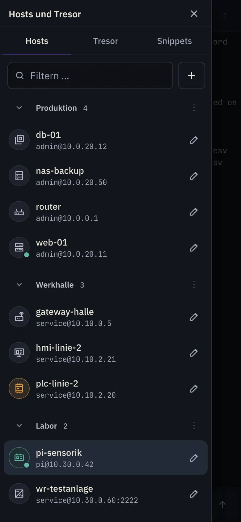 Host-Liste auf dem Telefon, in Ordnern, jeder Host mit Gerätesymbol